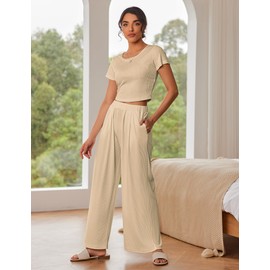 Ekouaer Women's 2 Piece Lounge Sets Short Sleeve Pajama Set Ribbed Knit Crop Top Wide Leg Pants Loungewear,Khaki,L