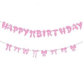 Pink Bow Happy Birthday Banner - Pre-Strung, for Girls' Birthday/Baby Shower/Bridal Shower/Bachelorette Party Backdrop Decorations No DIY Needed!