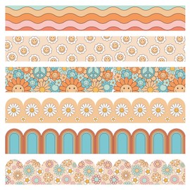 FYSUIMU 60 Pcs Groovy Bulletin Board Borders Boho Smile Daisy Flower Rainbow Classroom Borders Colorful Retro Hippie Straight Scalloped Trim Border for Back to School Home Office Party Wall Decoration