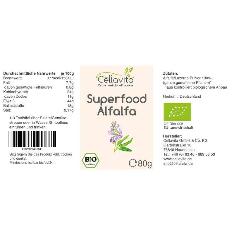 Cellavita Superfood Alfalfa | Organic & Vegan | Made in