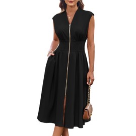 GRACE KARIN Black Dress for Women 2025 Summer Trendy Sleeveless Zipper Front V Neck Smocked Waist Knee Length Dress L