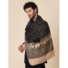 Large Kani Zari Weave Indian Kashmiri Shawl Wrap for Men with Traditional Floral Jaal Patterns Black, Black, 40 inches x 80 inches