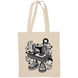 Iprints Cartoon Style Old Mechanic Sewing Machine Natural Cotton Tote Bag