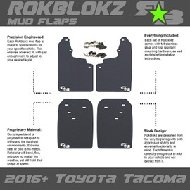 Rokblokz Mud Flaps for Toyota Tacoma - Fits 2016-2023 Model Years - Multiple Colors Available - Set of 4 - Includes Hardware and Detailed Instructions (Regular, Black with White Logo)