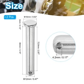 PATIKIL 12 x 80 mm Single Hole Clevis Pins, 2 Pcs 304 Stainless Steel Flat Head Pin for Hitch Pin Lock Link Hinge Systems, Silver