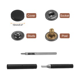 HARFINGTON - Juego de 24 cierres de piel a presión de 10 mm, remaches de piel con 3 herramientas de ajuste para ropa, chaquetas, jeans y bolsos, color negro