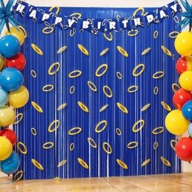 Tingjoo 3 Pack Blue Gold Birthday Party Decorations, Blue with Gold Ring Print Cartoon Hedgehog Theme Tinsel Foil Fringe Curtains, 3.3 x 6.6ft, Birthday Party Backdrop Room Doorway Decor