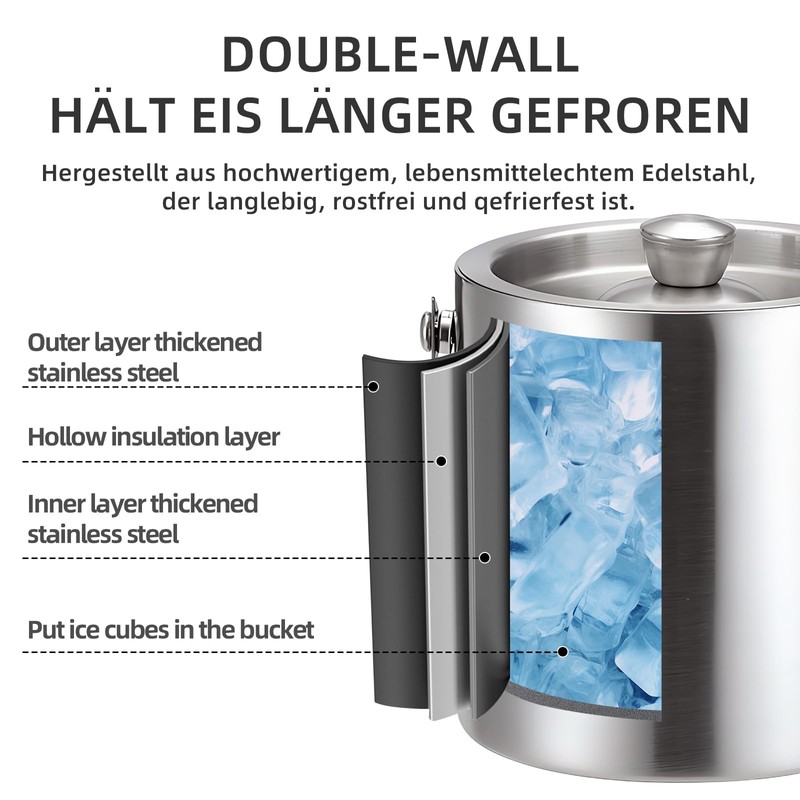 dellyy Eiskübel aus Edelstahl mit Eisschaufel, Eiswürfelbehälter Edelstahl, Eiswürfelbehälter Geeignet