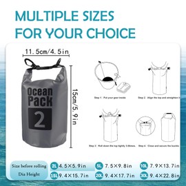 Dry Bag 2L, Boat Dry Bags Grey Waterproof Bag Dry Sack Roll Top Long Adjustable Shoulder Strap 2L/5L/10L/20L/30L/40L for Drifting Boating Kayaking Fishing Rafting Swimming Camping Canoeing Surfing