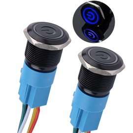 DMWD 2Pcs 19mm Latching Push Button Switch 12V-24V ON/Off 1NO 1NC Waterproof IP66 Black Metal Shell with Wire Socket for 3/4’’ Mounting Hole Power Symbol Light (Blue LED)