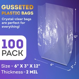 APQ - Pack de 100 bolsas de polietileno reforzadas, 6 x 3 x 12 pulgadas. Bolsas de polietileno nubladas 15,2 x 7,6 x 30,5 cm, 2 mil. Bolsas laterales extensibles. Bolsas de extremo abierto para uso industrial, servicio de alimentos, necesidades de salud.