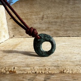 Green Bronze Open Circle Pendant Necklace - Men Leather Charm, Rustic Jewelry, Disk Boho Pendants, Tribal Copper Amulet Gifts, Women Gift To Husband, Surfer Accessories, Boy Choker Bohemian (Patina)