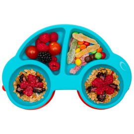AUNEOS Silicone Divided Toddler Plates - Portable Non Slip Suction Feeding Plates for Children Babies and Kids BPA Free Baby Dinner Plate (Car-Blue)