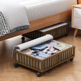 Bamboo Under Bed Storage Containers with Wheels, 2 Pack Under the Bed Shoe Storage Bins, Wood Rolling Underbed Drawers Organizer for Bedroom, Closet Clothes Blanket Comforter and Under Crib Toy Walnut