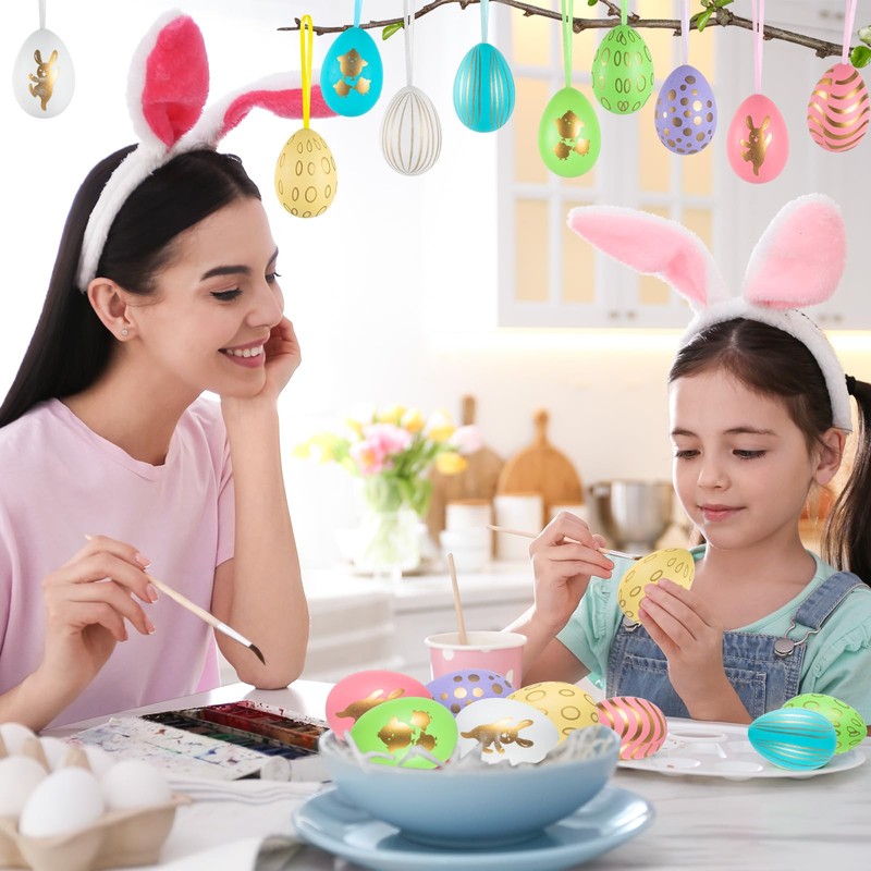 48 Stück Ostereier zum Aufhängen,Ostereier Plastik,Easter Eggs,Osterdeko für Draußen,Plastikeier Bunt(6