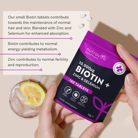 Biotin Hair Growth Supplement 10,000mcg - 180 Vegan High Strength Biotin Tablets Enhanced with Zinc & Selenium - Hair and Nails Vitamins for Women & Men - Supports Hair, Skin & Nail Growth - Nutravita