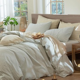 Lanqinglv Bed Linen 135 x 200 cm, Cotton Striped Green & White, 100% Renforce Bed Linen Set with Zip, Oeko-Tex Bed Linen Suitable for Allergy Sufferers, 1 Duvet Cover and 1 Pillowcase 80 x 80 cm