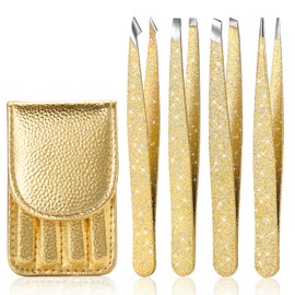 FungChoi Eyebrow Tweezer Set, 4-Pcs Professional Stainless Steel Tweezers for Men and Women, Precision for Eyebrows, Ingrown Hair, Facial Hair, Lash Extension (Gold)