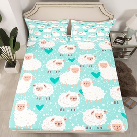 Manfei Sheep Sheet Set Cartoon White Sheep Alpaca Print Fitted Sheet Animal Theme Bedding Set 2pcs for Kids Boys Girls Microfiber Bed Sheet Set (1 Fitted Sheet + 1 Pillow Case) Twin Size