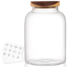 High Borosilicate Glass Jar with Airtight Acacia Lid and 132 Kitchen Panty Labels Preprinted - 67 Fl Oz Thicken Glass Food Storage Container Canister for Coffee, Brown Sugar, Candy, Cookie, Cereal