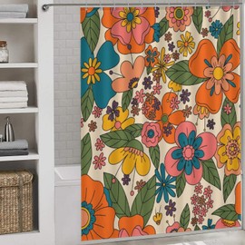 Hippie Floral Shower Curtain, Retro 70s Vintage Orange Daisy Groovy Cute Flower Aesthetic Boho Funky Trippy Colorful Waterproof Fabric Bath Shower Curtain Set with Hooks, 72"x78" Inch