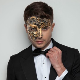 OIDEA Masquerade Mask for Men: Vintage One Eyed Half Face Roman Warrior Phantom of The Opera Mask Prom Costume Mardi Gras Carnival Venetian Masks, Copper Color