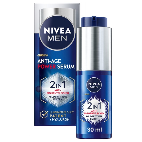 NIVEA MEN Anti-Age 2in1 Power Serum, Gesichtspflege mit Hyaluron für Anti-Aging-Effekt, Hautpflege mit LUMINOUS630® gegen Alters- und Pigmentflecken (30 ml)
