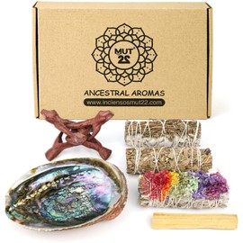 MUT22 Sahumerio Kit, Palo Santo, White Sage, Sage of 7 Flowers, Sage with Juniper, Abalone Shell, Tripod Stand - Complete Kit for Purification and Harmonization