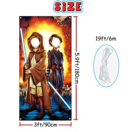 Galaxy Wars Backdrop 3 x 5.9 ft, Space Wars Face in Hole Backdrop, Lightsaber Swordsman Face Cutout Selfie Photo Prop, May The Force Be with You Photography Background for Boys Men
