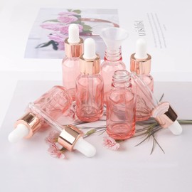 Kesell 8 Pack 15ml Pink Dropper Bottles, 1/2 oz Empty Refillable Glass Sample Vials Essential Oils DIY Perfume Essence Blends Liquid Travel Container, With Rose-Gold Cap And 2 Funnels