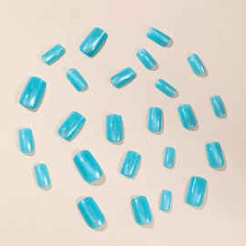 Blue Square Press on Nails Cat Eye Fake Nails Short Squoval False Nails with Design Full Cover Acrylic Nails Glossy Artificial Nails Glue Stick on Nails for Women Girls Manicure 24Pcs