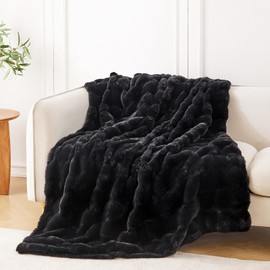 LUTBM Faux Rabbit Fur Black Throw Blanket for Couch Sofa,Luxury Ultra Soft Cozy Fluffy Blankets for Bedroom Living Room,Wave Fleece Shaggy Thick Warm Plush Decor Gift Blanket,Throw,50"x60"