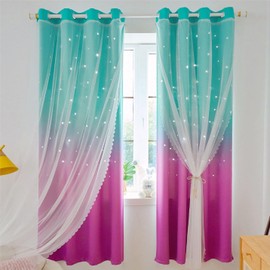 Anjee Ombre Star Cutout Blackout Curtains for Girls Bedroom Kids Nursery Princess Living Room Decor,Cute Double Layer Teal Purple Gradient Window Darpes with Sheer Overlay,52 x 84 inch Long 2 Panels