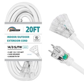 HONDERSON 3-Outlets Indoor Outdoor Extension Cord Weatherproof with Lighted End, UL Certified, 14 Gauge 20FT White 3 Prong Heavy Duty, 14/3 SJTW 15A Power Cord