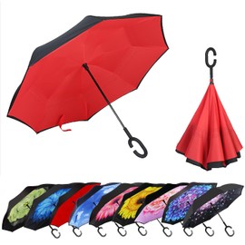 MRTLLOA 40/49/56 Inch Oversize Windproof Inverted Reverse Upside Down Umbrella, Golf Size Rain Umbrella, Double Layer, C-Shaped Handle for Men, Women and Kids(Red, 56 Inch)