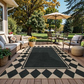 Moynesa Easy Jute Outdoor Rug 8x10 Area Rugs for Living Room, Washable Checkered Indoor Outdoor Patio Rug Non Slip, Farmhouse Carpet for Bedroom Dining Room Table, Black Grid Pattern
