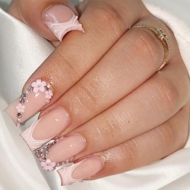 24Pcs French Tip Press on Nails Medium Square Fake Nails 3D Nail Tip Design Glue on Nails Flower Charms Rhinestone Full Cover Luxury Acrylic Nails Nude Pink Artificial False Nails Kits for Women