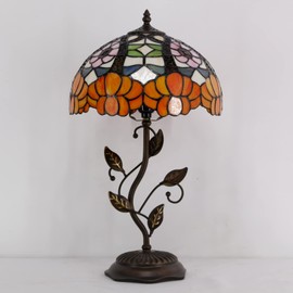 AVIVADIRECT Tiffany Lamp Orange Flower Stained Glass Table Lamp Desk Bedside Reading Light 12X12X19 Inches with Metal Leaf Base Decor Bedroom Living Room