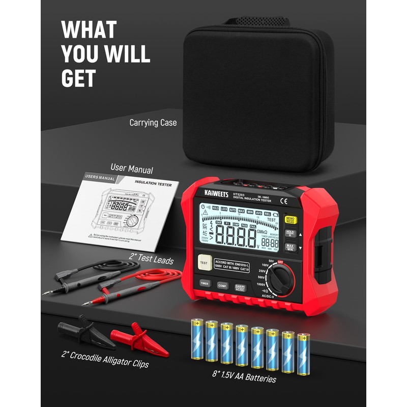 KAIWEETS HT5203 Megohmmeter, Insulation Resistance Tester, Up to 100GΩ, 50V/100V/250V/500V/1000V,