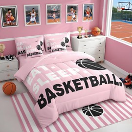 Feelyou Basketball Pink Comforter Set with Sheets Twin Size Gaming Sports 7 Pieces Bedding Set for Kids Boys Girls Teens Ball Games Bed in a Bag Gift for Basketball Lover Bed Set
