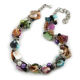 Avalaya Exquisite Faux Pearl & Shell Composite Silver Tone Link Necklace (Multicoloured)