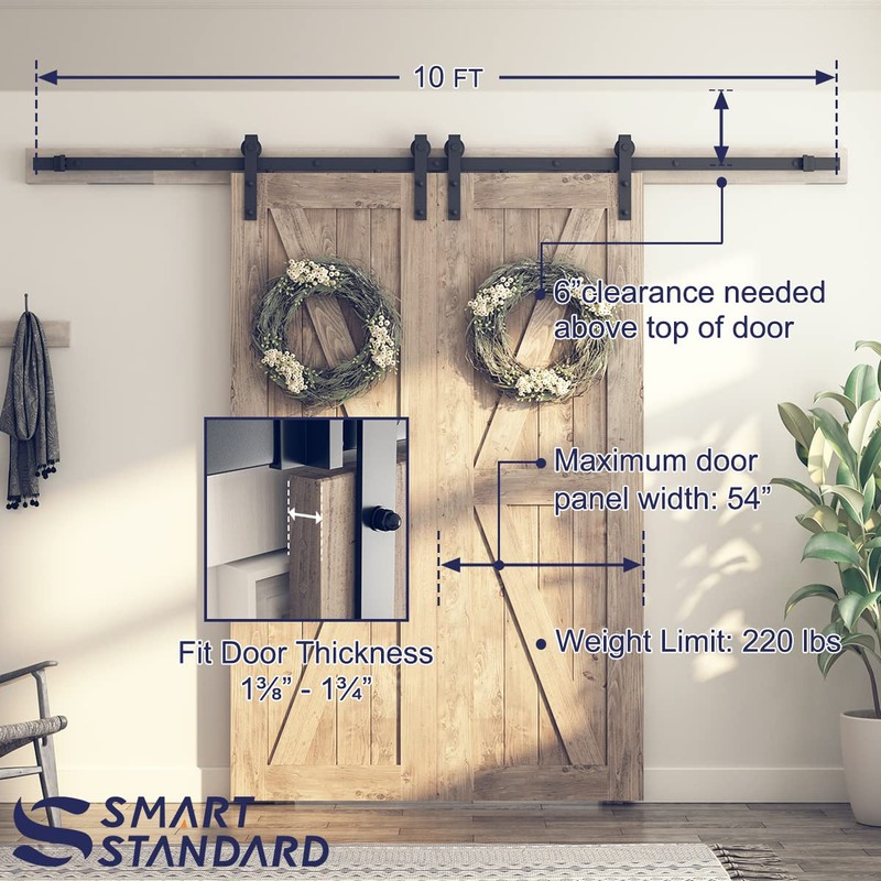SMARTSTANDARD 9 FT Double Barn Door Hardware Kit, Sliding Door