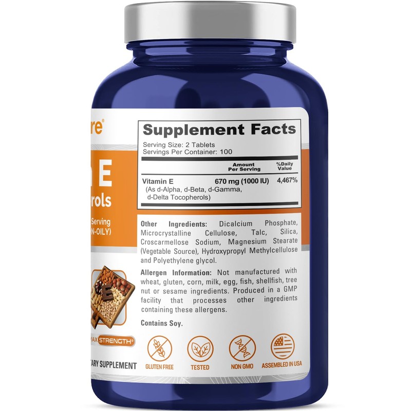 NusaPure Vitamin E 1000 IU 200 Tablets (Non-GMO, Gluten-Free) -