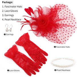DRESHOW Fascinators Hat for Women Veil Mesh Tea Party Headpiece Feather Derby Hat Pearl Bow Satin Gloves Pearl Jewelry Set