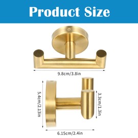 3 pcs Shower Towel Hook Brushed Gold, Stainless Steel Towel Hanger, Heavy Duty Double Towel Hook, Towel Holder for Bathroom, Wall Mount Robe Hook