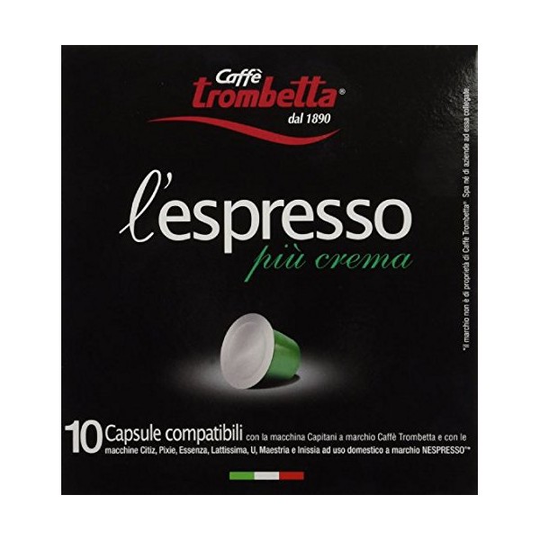 Trombetta Nespresso Italian Coffee - 20 Capsules “Piu Crema“ Dark Roast Instant Espresso Coffee - Compatible Nespresso Espresso Coffee Pods