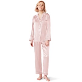 SIORO Womens Pajama Sets Silk PJ Satin Pijamas Two Piece Pants Set Sleepwear Loungewear PJS Plus Size, Shell Pink, X-Large