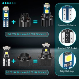 40 Pieces T5 T10 LED Bulbs Dash Lights with Twist Socket Instrument Dashboard Light LED Bulbs for Interior Car Lights Dashboard Instrument Panel Gauge Cluster Indicator Map Dome Light