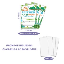 Reptile Amphibian Birthday Party Invitation, Lizard Themed Fill-In Invites for Teens Boys & Girls, 20 Invitations With Envelopes (4" X 6"), Kids Snake Party Favors Decorations and Supplies -41