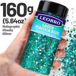LEOBRO Blue Glitter, 160G/5.64OZ Glitter, Holographic Chunky Glitter, Craft Glitter for Resin, Metallic Chunky Fine Glitter Sequins Flakes Bulk, Glitter for Body Nail, Tumblers, Peacock Blue Glitter
